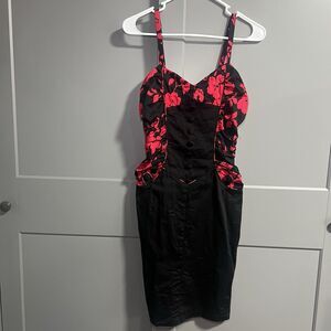 Voodoo Vixen V Neck Retro Rockabilly Pencil Bodycon Dress Floral Red/Black Small